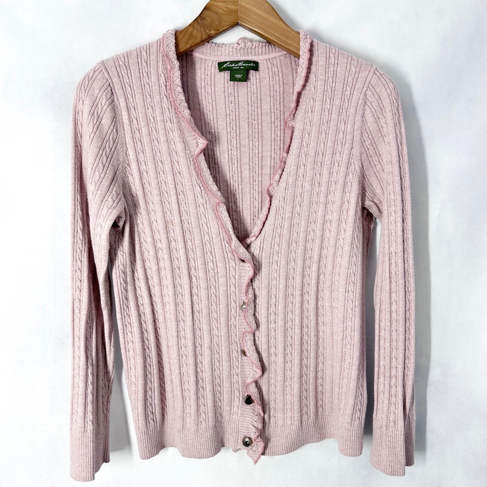 Eddie‎ Bauer Cotton Pink Ruffle V Neck Cable Knit Cardigan Women's Size Large